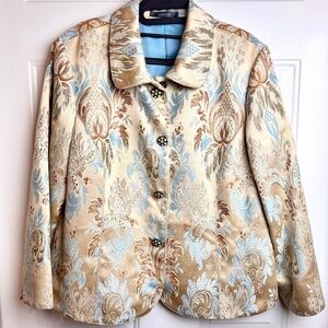 Vintage Liz Claiborne Tapestry Jacket Embellished Buttons Size XL Gold Tan Blue